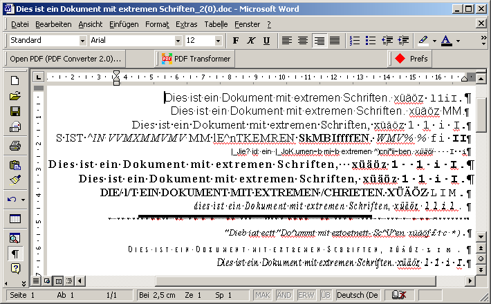 (Die von Abbyy PDF Transformer konvertierte Datei in WinWord. Die letzten Zeichen jeder Zeile sind manuell auf Schriftart Courier gesetzt worden, damit die jeweiligen Zeichen sich klar unterscheiden.)